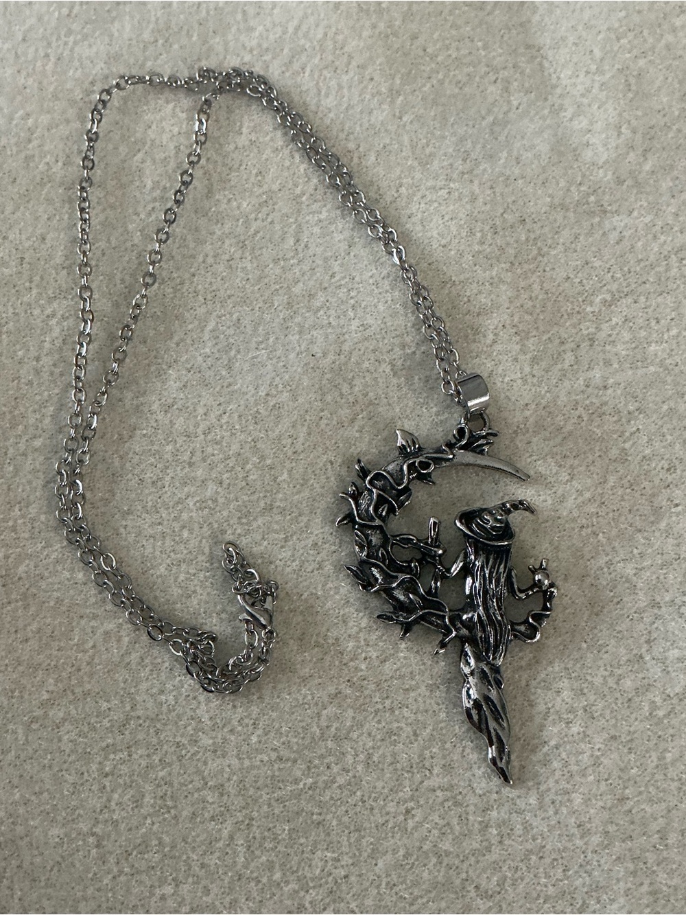 Silver Witch on Crescent Moon Pendant Necklace - 23”